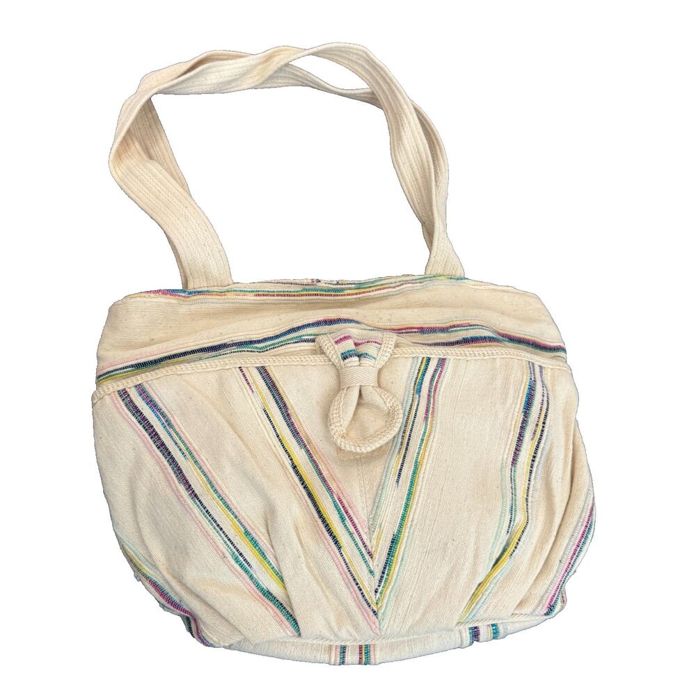 Vintage 70s-80s Beige w Pastels Shoulder Bag, PreLoved, w Bow and Mini Purse
